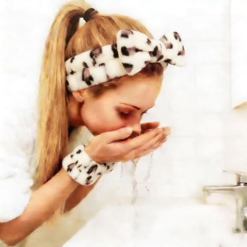 7 Pcs Spa Set, Facial Headband and Wristband Set, Skincare Accessories, College Style Girl Idea Gifts, Hair Accessories for Women and Girls （Beige Leopard ） - color: Beige Leopard