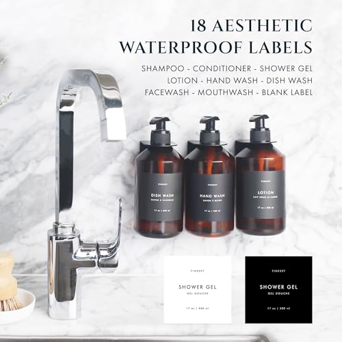 FINESSY Refillable Shampoo and Conditioner Dispenser Wall Bottles with Pump, Bathroom Body Wash Soap and Shampoo Dispenser for Shower Wall 3 Chamber No Drill, Shower Bottles Refillable with Labels - color: Luxe Amber