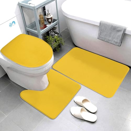 Bathroom Rugs Set 3 Piece Elegant Simple Rich Yellow Bath Rug Mat Set, Non Slip Absorbent Bathroom Decor Mat, Toilet Lid Cover & U Shaped Contour Rug - color: Rich Yellow, size: 1'8" x 2'6" (Rectangular)