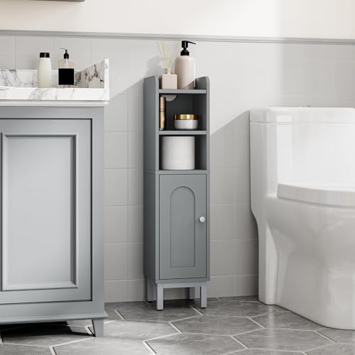 Hzuaneri Bathroom Storage Cabinet, Small Corner Floor Cabinet with Door and Shelves, Narrow Toilet Paper Holder, Bathroom Organizer with Adjustable Shelf, for Small Spaces, Gray BC08221GR - color: Grey, size: 7.9"D x 7.9"W x 32.7"H