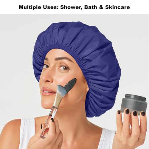 2 Pack Shower Caps for Women, Reusable Waterproof Shower Cap with Elastic Band, Thickened Waterproof Fabric Shower Bonnet for Braids, Long Hair (Black and Blue) - color: Color 02