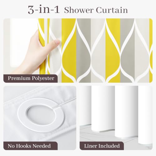 Yiatn Gray Yellow No Hook Shower Curtain with Liner Attached - Hotel Style with See Through Mesh Top Window, Modern Geometric Waterdrop Design,Waterproof and Washable, 71x74 INCH - color: Gray Yellow, size: 71"W x 74"L (Pack of 1)
