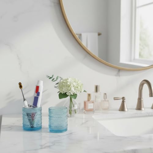 Blue Toothbrush Holders for Bathrooms, Glass Toothbrush Holder with 2 Slot Divider, 10oz Bathroom Tumbler and Mouthwash Cup, Tooth Brush Holder for Brushes, Toothpaste - color: Blue