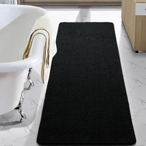 LOCHAS Luxury Bathroom Rug Shaggy Bath Mat 24 x 48 Inch, Washable Non Slip Bath Rugs for Bathroom Shower, Soft Plush Chenille Absorbent Carpets Mats, Black - color: Black, size: 2' X 4' (24''x48'')