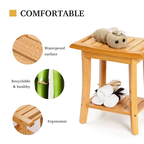 Unibambou Bamboo Shower Bench Inside Shower Stool with Storage Shelf, Spa Bath Chair for Bathroom, Seat or Organizer for Living Room, Bedroom and Garden - Great for All Ages Elderly (Small, Natural) - color: Natural, size: Small 16x10x17 Inch