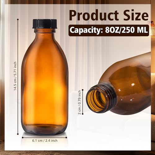 8 OZ / 250 ML Amber Glass Bottles for Vanilla Extract, 12 Pack | Leakproof, Empty Refillable Dispensing Bottles with Lids, for 2nd Fermentation, Kombucha Brewing, Homemade Solutions
