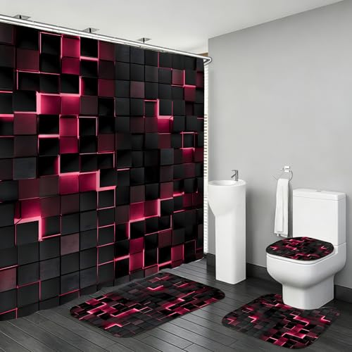 LQCOOL 4Pcs Pink Shower Curtain Set 3D Cubes Bathroom Sets Modern Shower Curtain Set for Bathroom Sets with Rugs Black and Pink Shower Curtain with 12 Hooks - color: Black Pink