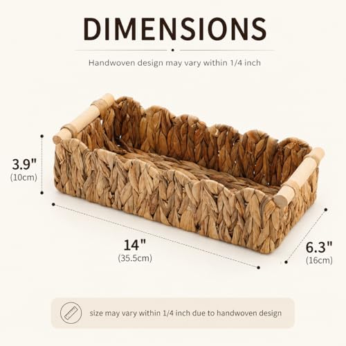Scalloped Edge Toilet Paper Basket, Water Hyacinth Wicker Basket for Back of Toilet Tank, Long Narrow Bathroom Counter Organizer with Wooden Handles for Vanity, Shelf, Storage
