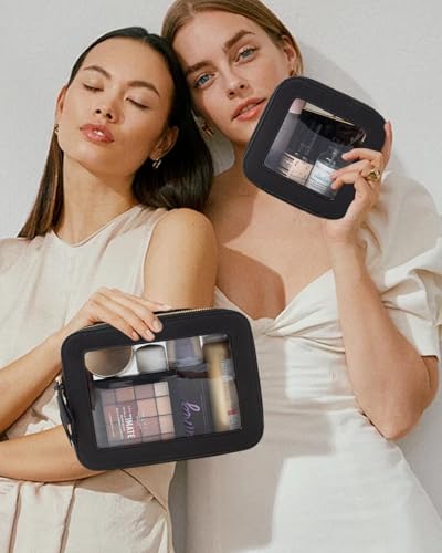 Travel Clear Makeup Bag Set, TSA Approved Cosmetic Bag Case with Zipper Portable Makeup Pouch Toiletry Bag Traveling Cosmetic Organizer Storage Bag Car Organizer Car Essentials - color: Mini+Large Black