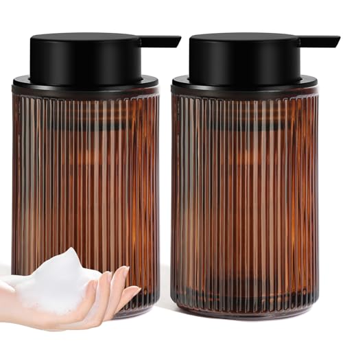 KASUNTING Amber Glass Foaming Soap Dispenser, Ribbed Foam Hand Soap Dispenser for Bathroom, 11 Fl Oz 2 Pack Refillable Foaming Pump Bottle with Black Pump, Modern Dish Soap Foam Dispenser - color: Amber Bottle+ Black Pump, size: Foam-2 Pack
