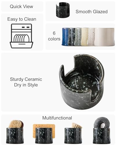 Zoeeker Sponge Holder for Kitchen, Ceramic Sink Caddy Scrub Sponge Rack Dish Rack Scrubbers Holder for Kitchen Sink, Bathroom, Black - color: Black, size: Cylindrical