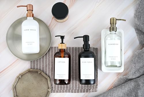 Emerson Essentials Dish Soap Dispenser for Kitchen, Dispenser Bathroom Set, Hand Soap Dispenser, Hand Wash and Dish Soap Set - Glass Dispenser with Pump and Labels - color: 03 – Black / Polished Gold