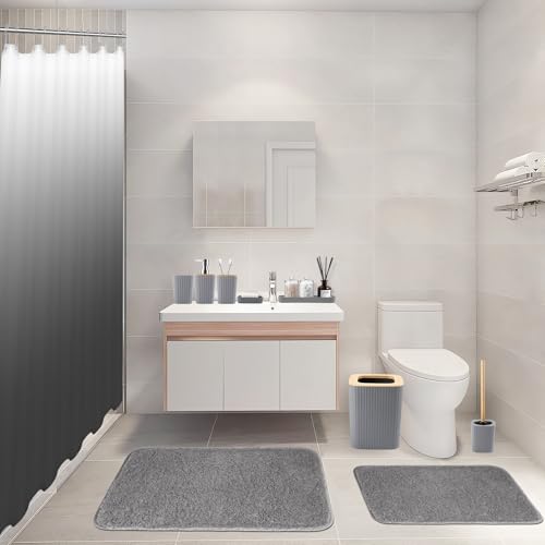 XLHOMO Bathroom Accessory Set–Bathroom Set with Shower Curtain and Rugs, No Slip Bathroom Rugs Super Absorbent, Grey Ombre Waterproof Shower Curtain with Hooks, Gray Bathroom Sets Complete for Home - color: Hollow Grey, size: Bathroom Set+Shower Curtain+B