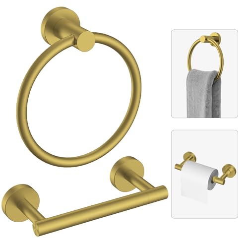 Brushed Gold Toilet Paper Holder & Towel Holder, Bathroom Hardware Set-SUS304 Stainless Steel Double Post Pivoting Tissue Roll Holder and Hand Towel Ring Set for Bathroom, RV - color: Brushed Gold