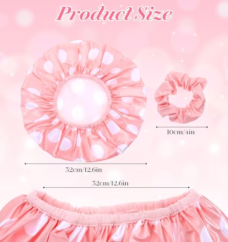 Pink Shower Cap, Double-Sided Reusable Washable Shower Cap for Women, Adjustable & Reusable, Cute Dot Print, Keeps Hair Dry, Suitable for Long Thick Hair（Comes with a Matching Cute Hairband）