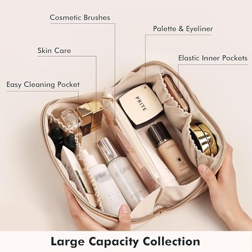 Prite Makeup Bag Travel Toiletry Bag Open Flat Cosmetic Organizer for Women | Clear Divider, 2 Compartments, Waterproof, Vegan Leather, Elastic Slot, Handle, Lightweight, Large Capacity, Easy Clean - color: Beige, size: Large