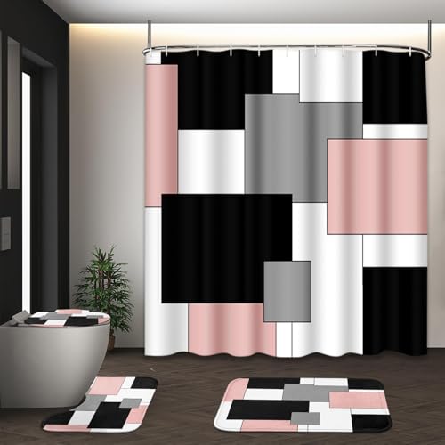 Pink Geometric Shower Curtain Set with Toilet Lid Cover and Non-Slip Rugs for Bathroom, Grey Black White Checkered 4 Pcs Shower Curtain, Abstract Modern Bathroom Set with 12 Hooks - color: Abstract Geometric Pink