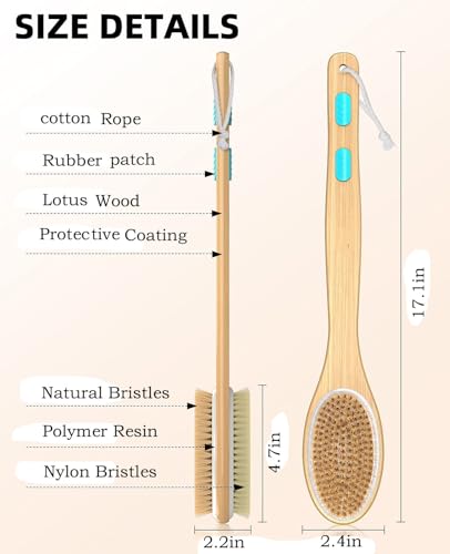 Back Scrubber for Shower, Long Handle Dual-Sided Shower Brush with Soft and Stiff Bristles, Body Exfoliator