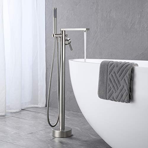 Wowkk Freestanding Bathtub Faucet Tub Filler Brushed Nickel Floor Mount Brass Single Handle Bathroom Faucets with Hand Shower - color: Brushed Nickel, style: Classic