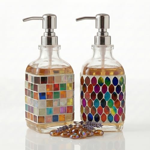BOPPIE Set of 2 Handcrafted Mosaic Glass Soap Dispenser, Modern Countertop Hand & Dish Soap Dispenser for Bathroom Kitchen, Refillable Bottle with Stainless Steel Rust Proof Pump, Colorful Grid+Leaves - color: Colorful Grid+leaves