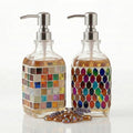 BOPPIE Set of 2 Handcrafted Mosaic Glass Soap Dispenser, Modern Countertop Hand & Dish Soap Dispenser for Bathroom Kitchen, Refillable Bottle with Stainless Steel Rust Proof Pump, Colorful Grid+Leaves - color: Colorful Grid+leaves