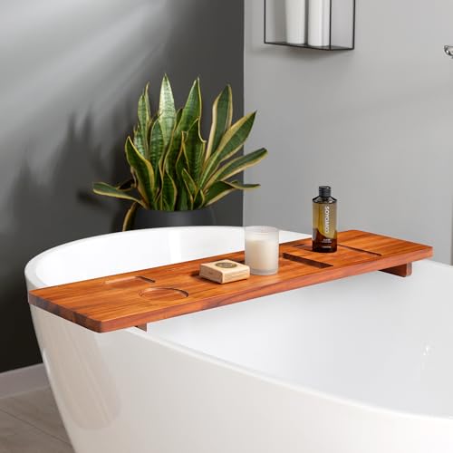Teak Bathtub Tray for Freestanding Tubs - 35" Heavy-Duty Luxury Bath Caddy, Non-Slip Zero-Wobble Design, Water-Resistant Spa Organizer with Wine Glass & Phone Holder - color: Natural Teak, size: 35 Inch