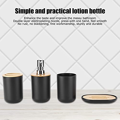 Set of 4 Complete Bathroom Accessories, Bathroom Set with Toothbrush Holder, Dish, Lotion Dispenser and Cup, in Plastic + Bamboo(Black) - color: Black