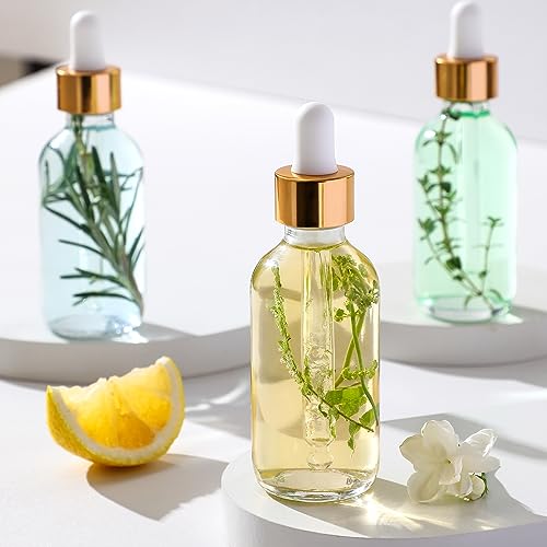 AOZITA Set of 4, 2 oz Golden Cap Clear Dropper Bottles (60ml) with 1 Funnel & 4 Labels - Glass Tincture Bottles for Essential Oils with Eye Droppers - Leak Proof Travel Bottles for Liquids - color: Clear