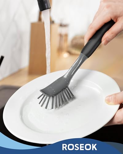 ROSEOK Dish Brush, Dish Scrubber, Nylon Bristles with Built-in Scraper | For Cleaning Dishes, Pots, Non-Stick Pans and Sinks, Black, 2 Pack - color: Black