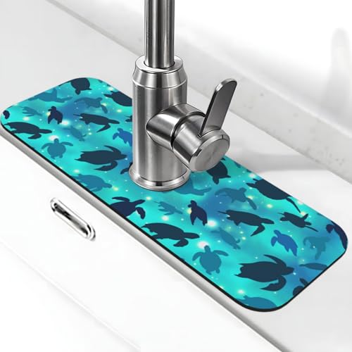 Faucet Draining Mat For Kitchen Sink, Sea Turtles Blue Diatom Mud Absorbent Drain Pad For Bathroom Kitchen Sink Splash Guard Drying Mat - color: Sea Turtles Blue, size: One Size