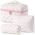 HBselect Quilted Makeup Bag, 3PCS Cotton Large Travel Makeup Bag, Cute Floral Coquette Make up Bag Cosmetic Bag Toiletry Bag for Women Girls - color: A-3PCS-Floral 18