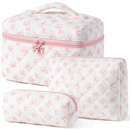 HBselect Quilted Makeup Bag, 3PCS Cotton Large Travel Makeup Bag, Cute Floral Coquette Make up Bag Cosmetic Bag Toiletry Bag for Women Girls - color: A-3PCS-Floral 18