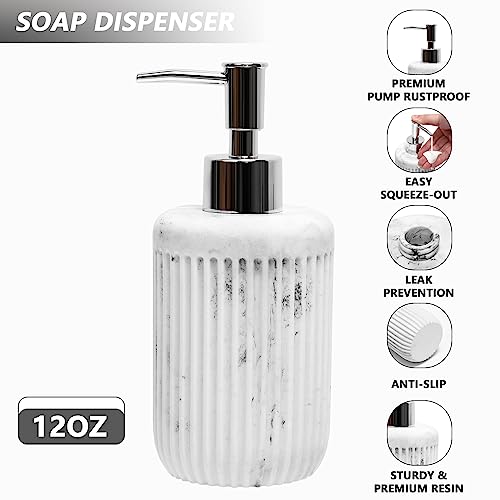 XLHOMO Resin White Marble Bathroom Accessories Set 5 Pcs, Lotion Soap Dispenser, Toothbrush Holder, Bathroom Tumbler, Qtip Holder and Vanity Tray, Bathroom Countertop Organizer Set for Home Apartment - color: Marble White, size: Resin Bath Set