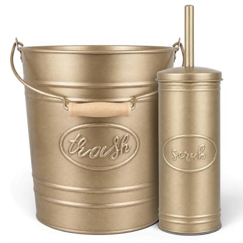 Autumn Alley Rustic Farmhouse Bathroom Trash Can and Toilet Brush Set - Rustic Bathroom Accessories for Charming Bathroom Décor, Antique Gold, 2 Gal. Capacity - color: Antique Gold