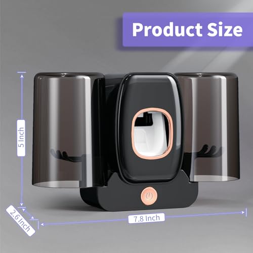 Toothbrush Holders for Bathrooms, Wekity Automatic Toothpaste Dispenser Space Saving Toothbrush and Toothpaste Holder，Toothbrush Holder Wall Mounted with 2 Cups for Bathroom (Black)… - color: Black