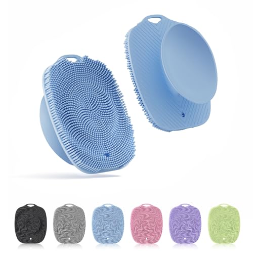 Soft Silicone Body Scrubber, Gentle Like a Hand Exfoliating Your Skin and Build Up Lather Easily, Back Large Suction Cup Easy to Store, Long-Lasting & Deep Clean (Blue) - color: Blue