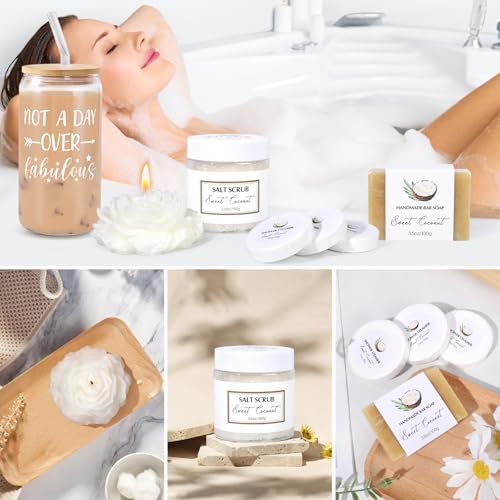 Spa Gift Baskets for Women, Sweet Coconut Birthday Gifts Baskets for Women, Spa Kit Gift Box, Bath and Body Relaxing Gifts Set for Mother Wife Sister Friends with Glass Cup Salt Scrub Shower Steamers - color: 9Pcs Sweet Coconut