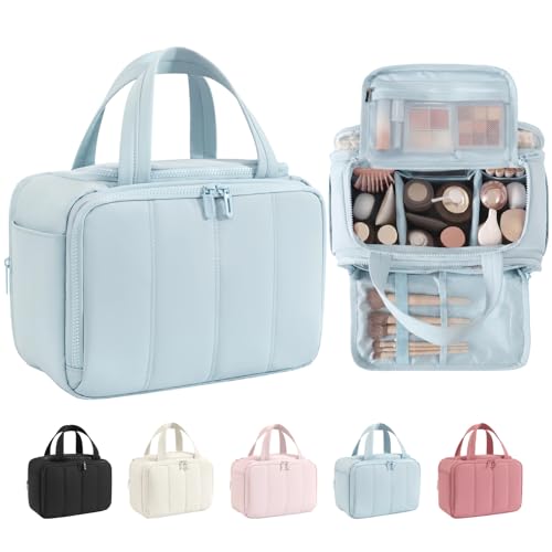 Wide Opening Toiletry Bag for Women,Travel Makeup Bag with Mesh Pocket,Cosmetic Travel Organizer with Wet Dry Separation,Toiletries Bag,Blue - color: Blue