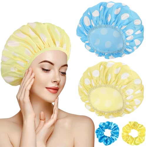 WSICSE 2 Packs Large Shower Cap, Waterproof Reusable Shower Cap Double Layers Hat Bath Caps with Hair Scrunchies for Home Spa Salon, blue, yellow - color: blue, yellow