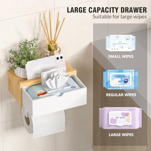 Domax Standard 8.46" Bamboo Toilet Paper Holder with Shelf and Storage Drawer - Wall Mount or Adhesive Bathroom Organizer for Tampons, Cotton Swabs, Wipes or More, White+Nature - color: Nature+white