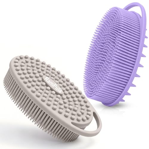 Silicone Body Scrubber – Silicone Loofah for Shower, Set of 2 Soft Dual-Sided Exfoliating Body Bath Shower Scrubber Loofah Brush Easy-to-Clean for Sensitive Kids Women Men All Kinds of Skin - color: Purple and Starlight