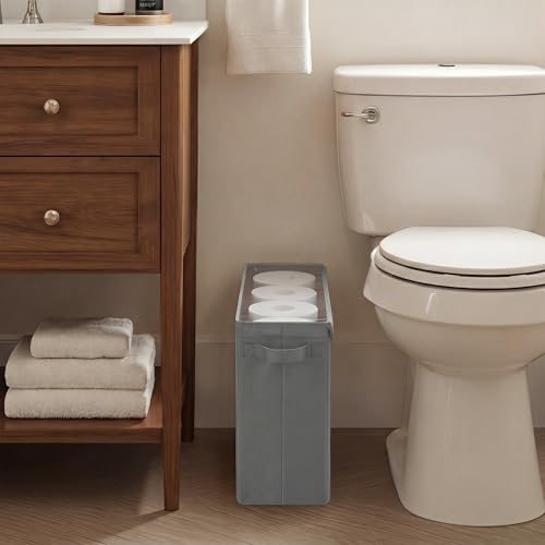 Cupic Cupid Toilet Paper Storage Baskets, Bathroom Toilet Paper Storage with Lid, Holds 12 Regular or 9 Mega Rolls, Slim Toilet Tissue Holder Basket with Clear PVC Lid and Handles, Grey - color: Grey