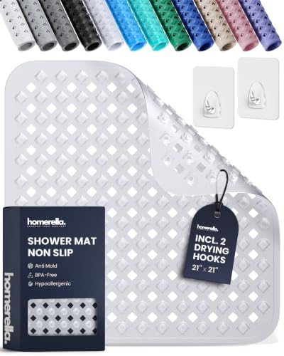 homerella® Shower Mat Non Slip Anti Mold, Non Slip Shower Mats for Inside Shower Stall Anti Slip Mat, Square Shower Floor Mat 21 x 21 in with Suction Cups & Hooks for Quick Drying, Machine Washable - color: Clear