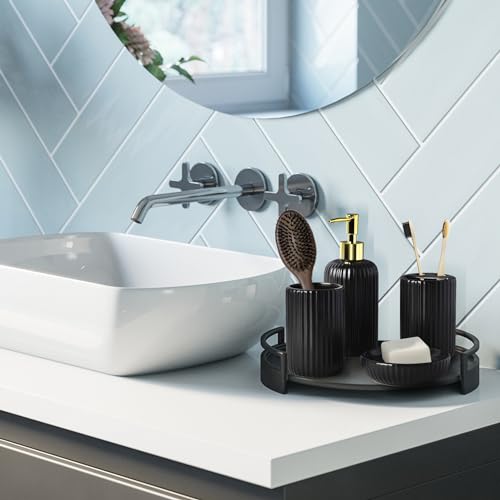 Black Bathroom Accessories Set, 4PC Ceramic Bathroom Sets Complete-Toothbrush Holders, Soap Dispenser, Soap Dish, Toothbrush Cup, Stylish Black Gold Bathroom Decor, Bathroom Organizer for Countertop - size: GBlack-4pcs