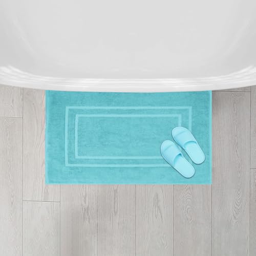 Feather & Stitch 2 Piece Towel Like Bath Mats (30x21 Inch) 100% Cotton Terry Bath Mats, Bathroom Shower Floor Mats [NOT A Bathroom Rug], Soft Absorbent Washable Mats - Aqua - color: Aqua