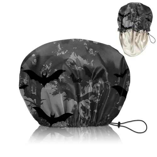 Luxury Shower Cap Satin Silk Lined Adjustable Elastic Reusable Waterproof Shower Bath Cap Cute for Women Girls-Black Bat - color: AK5-Black Bat