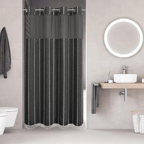 eachope No Hook Stall Shower Curtain with Snap-in Fabric Liner - 54x80 Heavy-Duty Linen Textured Striped Design,Narrow Rustic Modern Farmhouse Bohemian Bathroom Curtain,Water-Repellent,Charcoal Grey - color: Charcoal Grey, size: 54"W x 80"L (Pack of 1)
