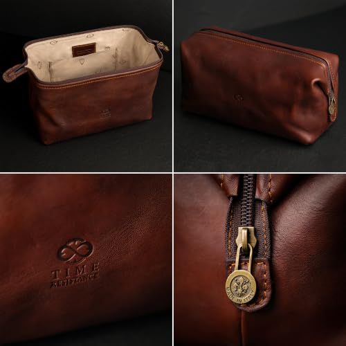 Time Resistance Leather Toiletry Bag - Italian Cosmetic Case Dopp Kit (Brown) - color: Brown