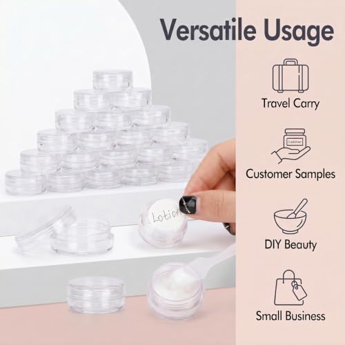 3 Gram Sample Jars with Lids, 25 Count Mini Cosmetic Containers - Makeup Travel Containers with Labels, Tiny Disposable Spatulas - color: Clear