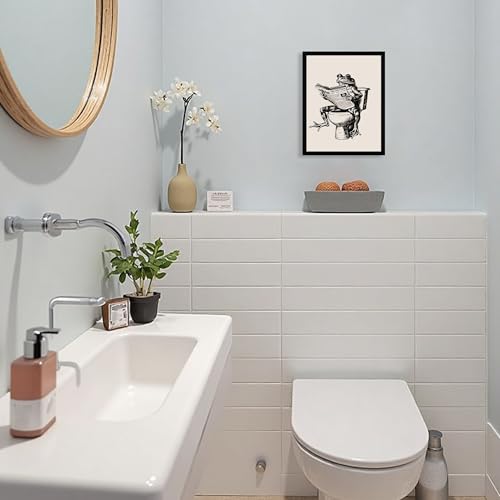 Urmoya Funny Frog on Toilet Bathroom Decor Framed Wall Art 8x10 in | Wood frame, Frog reading newspaper print, Humor decor, Canvas wall art, Ready to hang, for bathroom or restroom - color: Frog, size: 10"L x 8"W